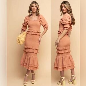 Anthropologie Rachel Parcell bubble Midi XXS Crepe ruffle dusty peach dress